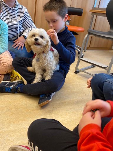 Ein Junge sitzt mit einem kleinen Hund auf dem Schoß in einer Gruppe von Personen.