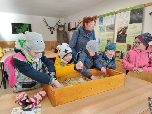 Kinder erkunden Sand in einer Holzbox, betreut von einer Erwachsenen in einem Klassenraum.