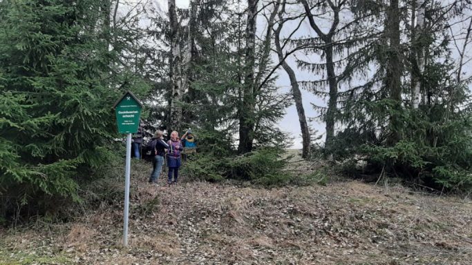 Gruppe von Personen, die an einem Waldweg stehen, umgeben von Bäumen und Wegschild.