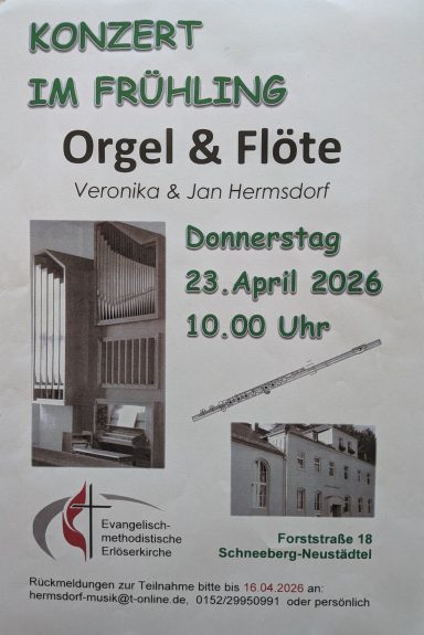 Konzertankündigung für Orgel und Flöte am 23. April 2026 um 10:00 Uhr in Herrnstadt.