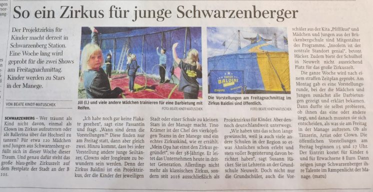 Artikel über einen Zirkus für Kinder in Schwarzenberg mit Bildern und Informationen.