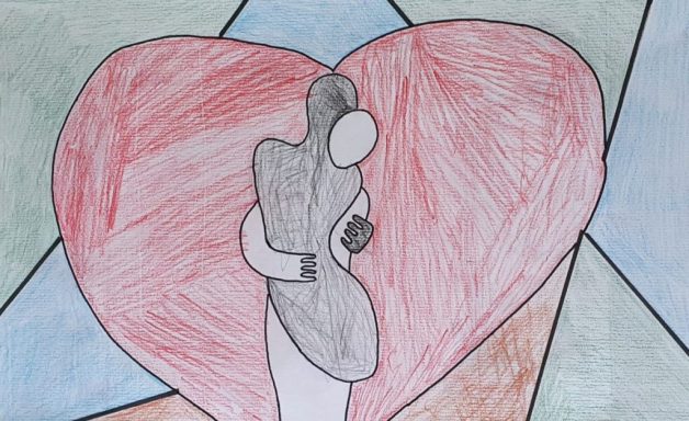 Zwei umarmende Figuren vor einem großen roten Herz in abstrakter Gestaltung.