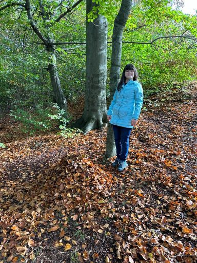 Mädchen in blauer Jacke steht neben einem Baum auf einem mit Herbstblättern bedeckten Weg.