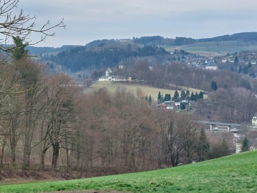 Landschaft mit Hügeln, Bäumen und kleinen Siedlungen unter bewölktem Himmel.