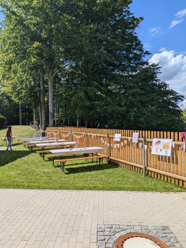 Gartenbereich mit Holztischen, Bäumen und bunten Plakaten an einem Zaun.