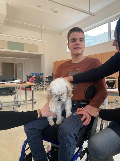 Junger Mann im Rollstuhl sitzt mit einem kleinen Hund auf dem Schoß, umgeben von Personen.