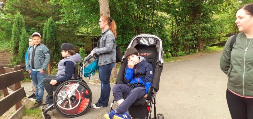 Gruppe von Menschen, darunter Kinder im Rollstuhl und ein Kinderwagen in einer Parklandschaft.