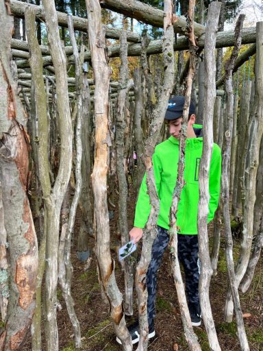 Junger Mann in grellgrüner Jacke steht zwischen dicken Baumstämmen in einem Wald.