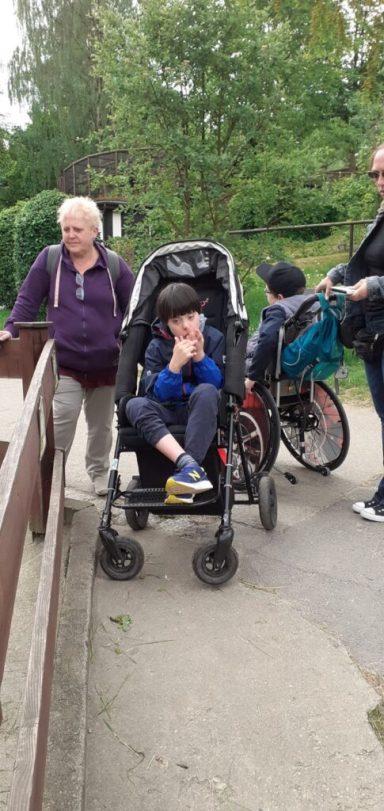 Frau mit Kinderwagen, Junge darin und Fahrradfahrer auf einem Weg umgeben von Bäumen.