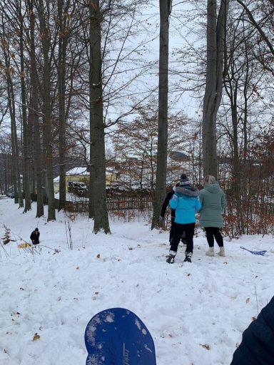 Kinder und Erwachsene spielen im Schnee zwischen Bäumen. Ein Schlitten liegt im Vordergrund.