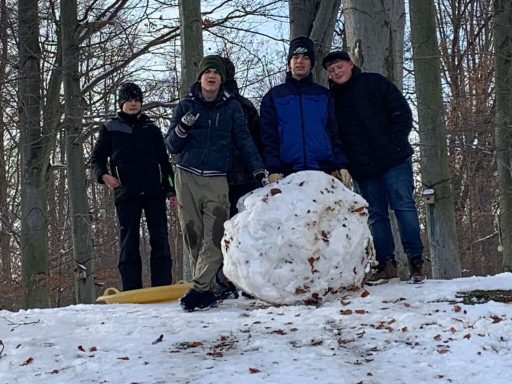 Vier Personen stehen neben einem großen Schneeball im Wald.