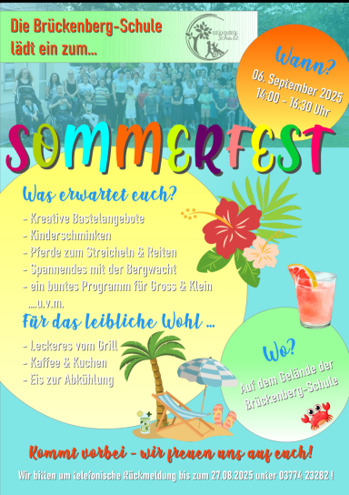 Buntes Plakat für ein Sommerfest der Brückenberg-Schule mit Informationen und einem Getränk.