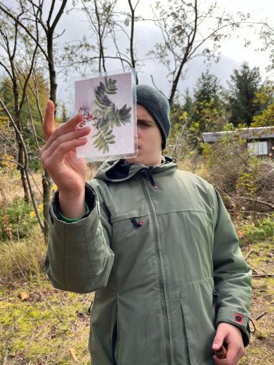Person in einer grünen Jacke hält ein Blatt zwischen Daumen und Zeigefinger.